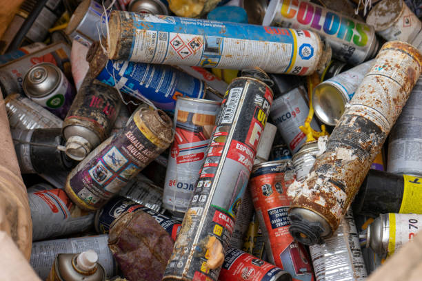 Mixed aerosol cans including deodorants, sprays, and paints for UK recycling and disposal