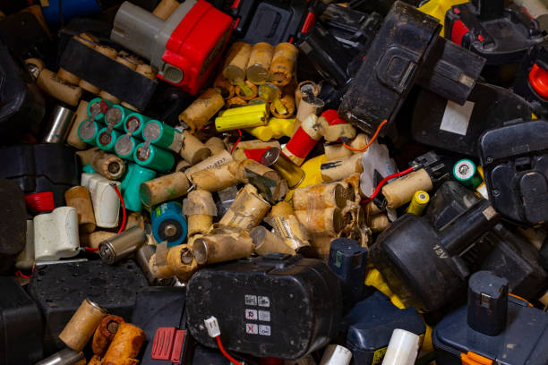 Used batteries and accumulators from power tools collected for recycling in Riga, Latvia.