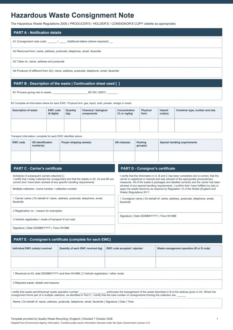Preview of the blank hazardous waste consignment note for England
