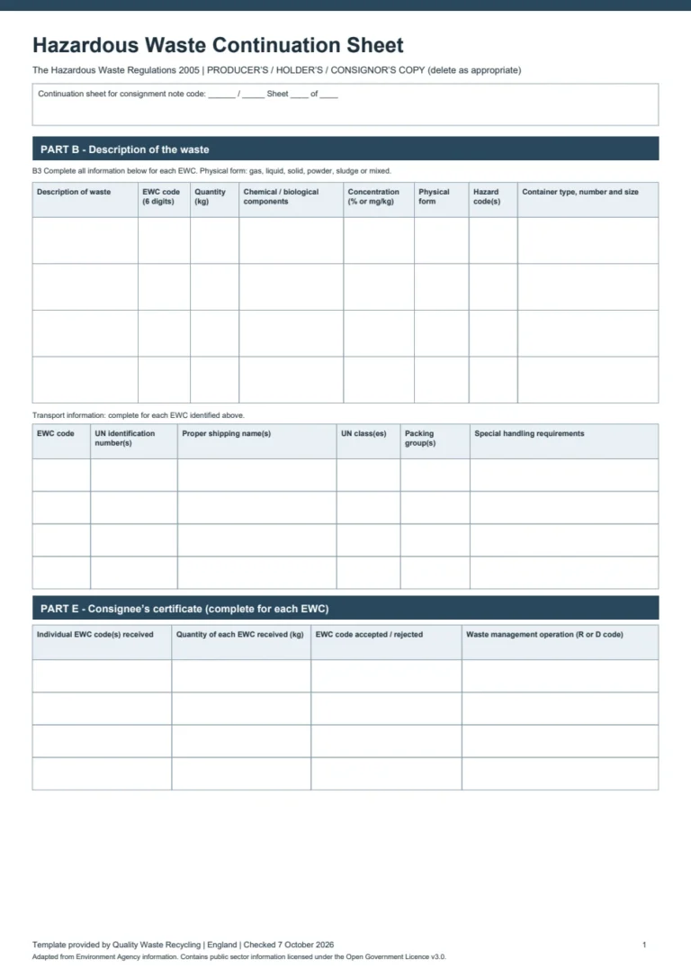 Preview of the blank hazardous waste continuation sheet for England