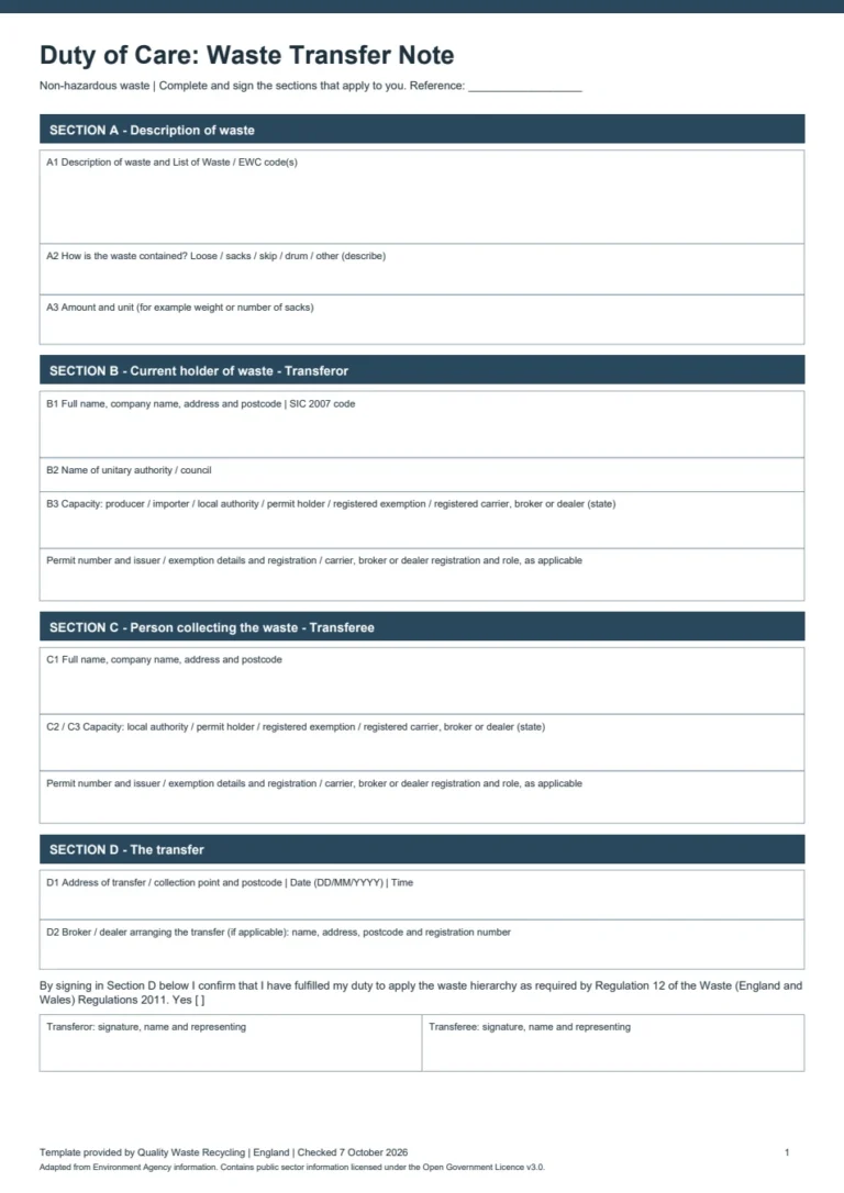 Preview of the blank waste transfer note for England